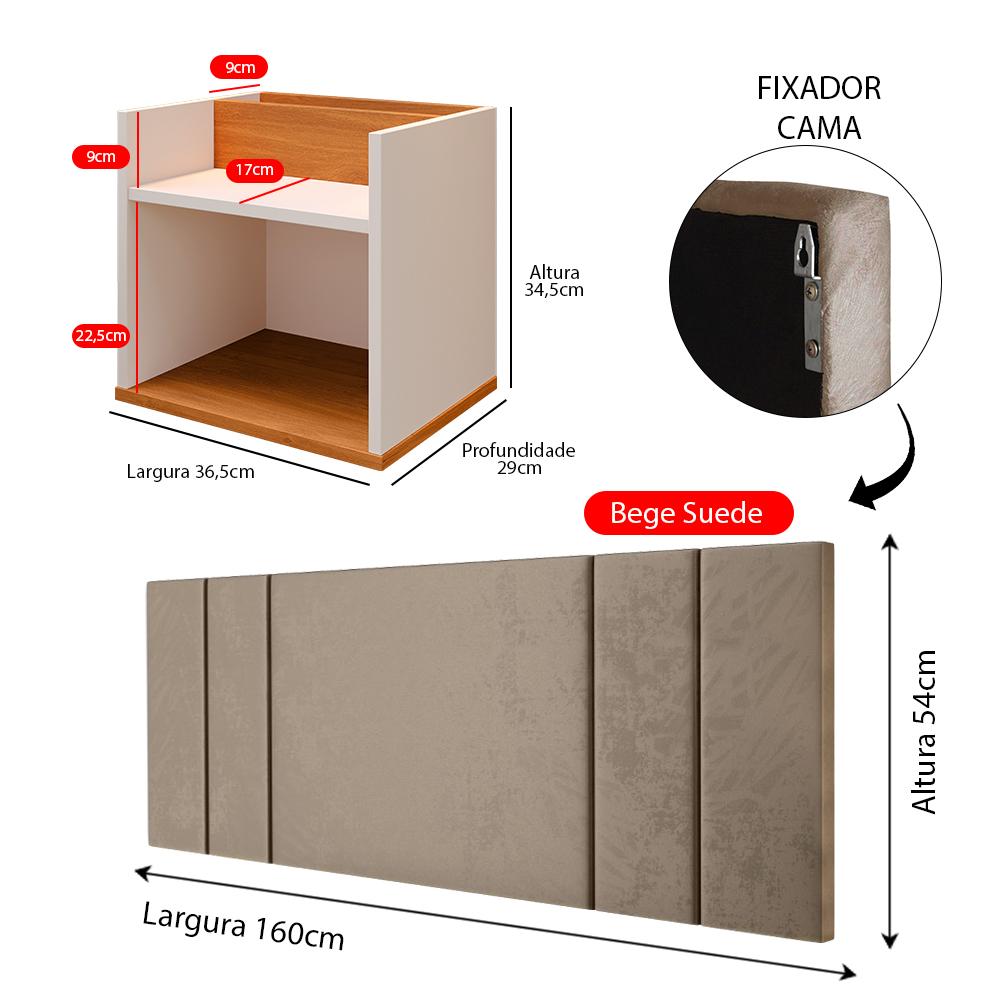 Kit 2 Mesinhas Suspensa Prateleira Nicho Madri Retrô Off/Cinamomo Cabeceira Estofada Módulo Cama Box Casal Luana Queen 1,60 Bege