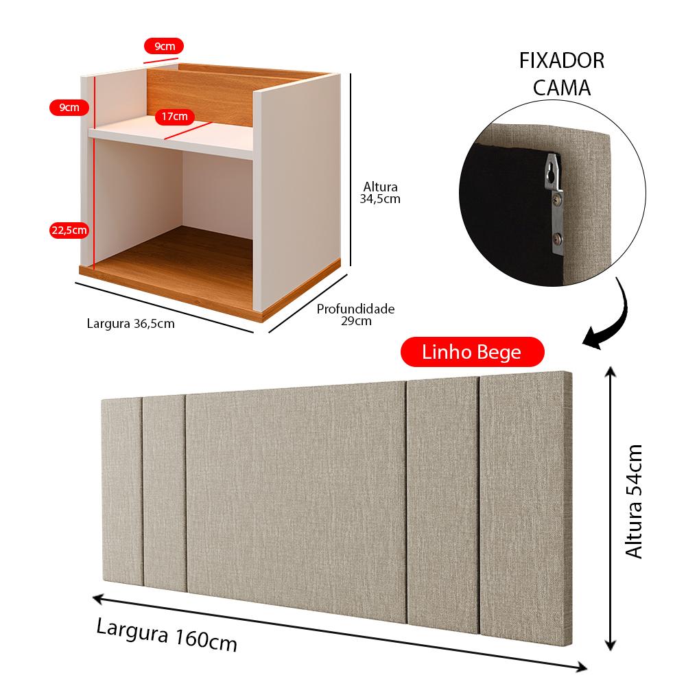 Kit 2 Mesinhas Suspensa Prateleira Nicho Madri Retrô Off/Cinamomo Cabeceira Estofada Módulo Cama Box Casal Luana Queen 1,60 Bege Linho