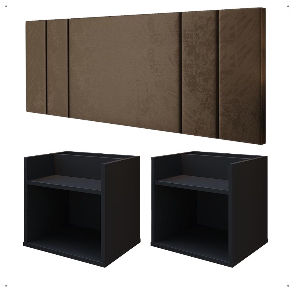 Kit 2 Mesinhas Suspensa Prateleira Nicho Madri Retrô Preto Cabeceira Estofada Módulo Cama Box Casal Luana Queen 1,60 Marrom