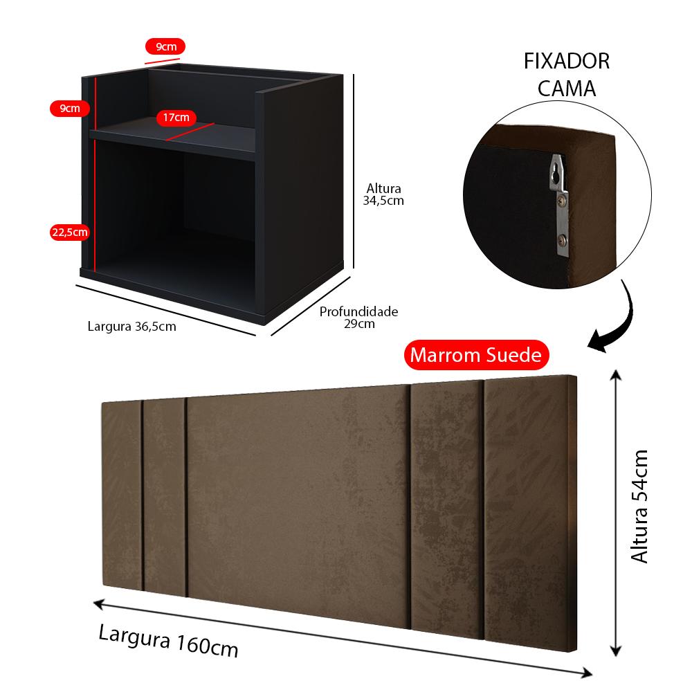 Kit 2 Mesinhas Suspensa Prateleira Nicho Madri Retrô Preto Cabeceira Estofada Módulo Cama Box Casal Luana Queen 1,60 Marrom