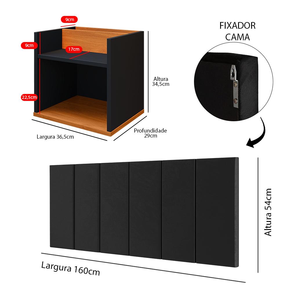 Kit 2 Mesinhas Suspensas Madri Nicho Divisória Porta Celular Preto/Cinamomo Cabeceira Cama Box Queen Size Julia 1.60 Preto Suede - Lojas RPM