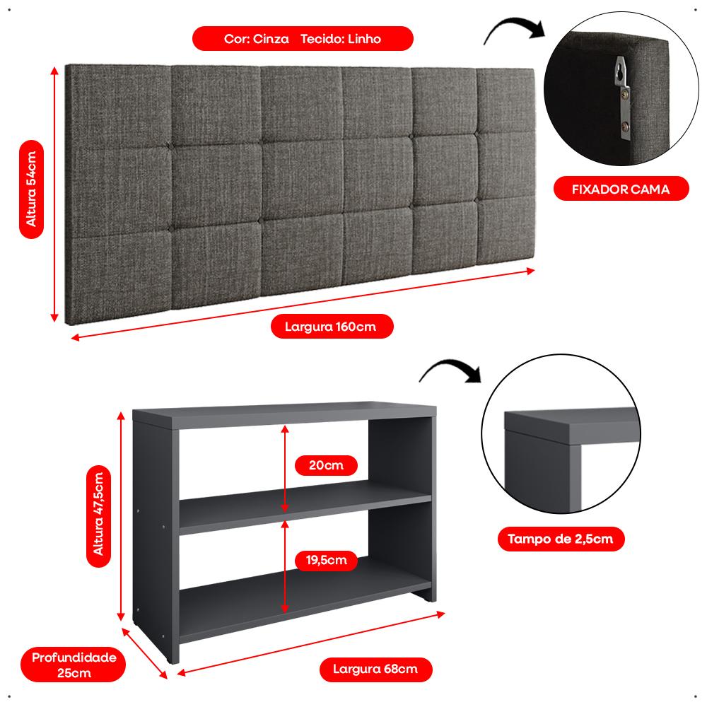 Kit 2 Sapateiras Recamier Quarto Cinza Cabeceira Suspensa Cama Box Queen Size 1,60 Almofadada Linho- Lojas RPM
