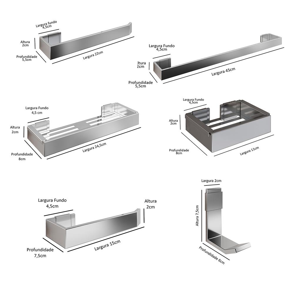 Kit Acessórios Banheiro Completo 6 Peças Inox Lavabo Premium - Cromado - Lojas RPM
