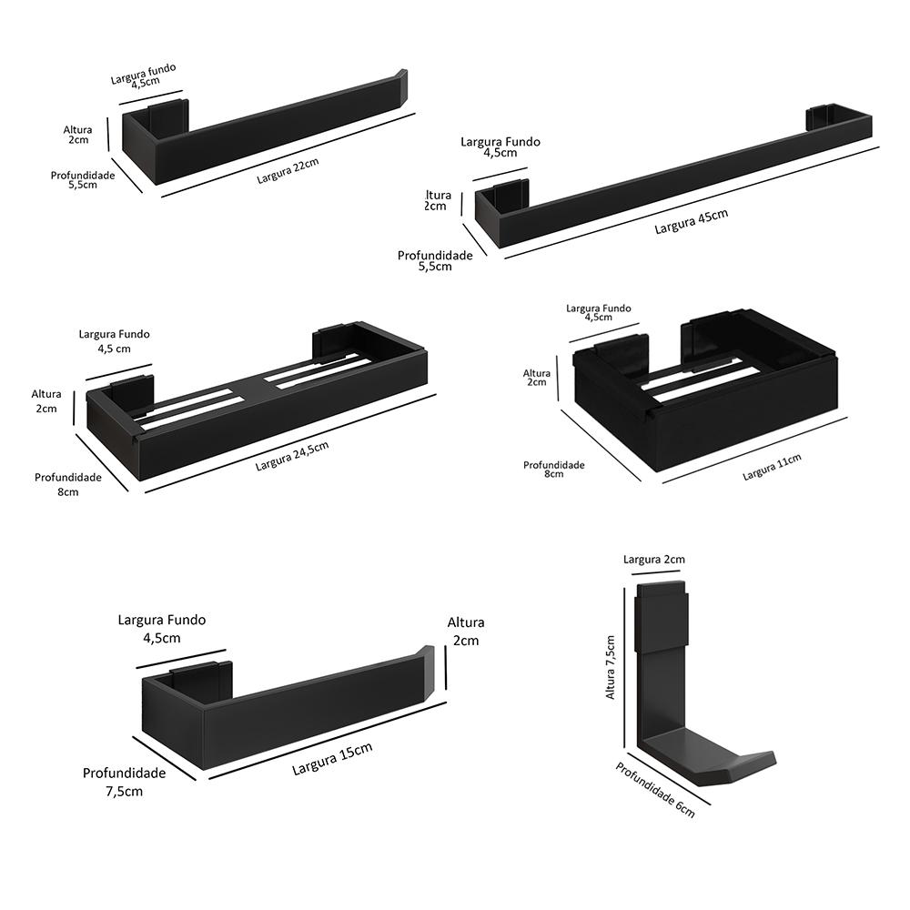Kit Acessórios Banheiro Completo 6 Peças Inox Lavabo Premium - Preto - Lojas RPM