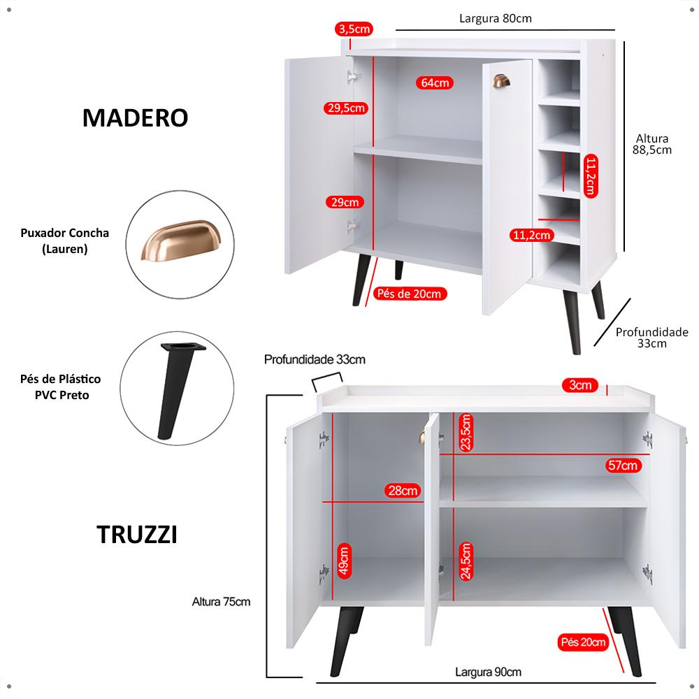 Kit Aparador Truzzi 3 Portas Cantinho Café Buffet Madero Adega Barzinho Retrô Decoração Sala Branco - Lojas RPM