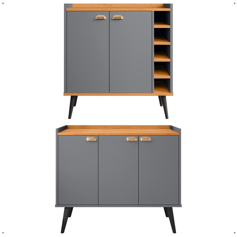 Kit Aparador Truzzi 3 Portas Cantinho Café Buffet Madero Adega Barzinho Retrô Decoração Sala Cinza/Cinamomo - Lojas RPM