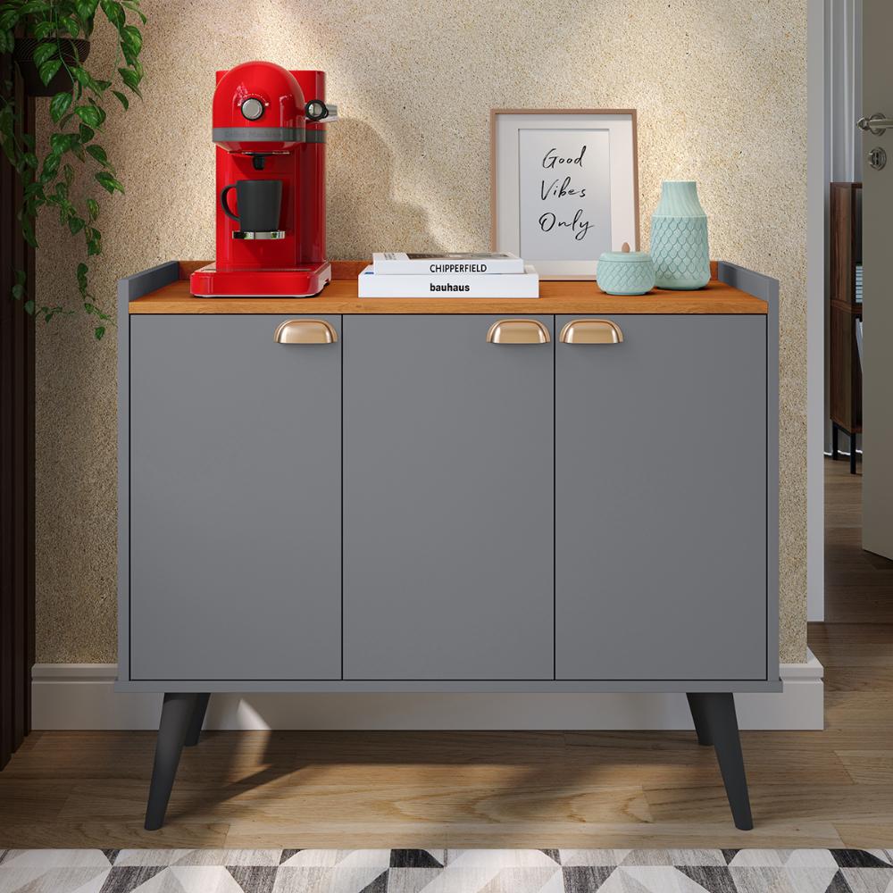 Kit Aparador Truzzi 3 Portas Cantinho Café Buffet Madero Adega Barzinho Retrô Decoração Sala Cinza/Cinamomo - Lojas RPM