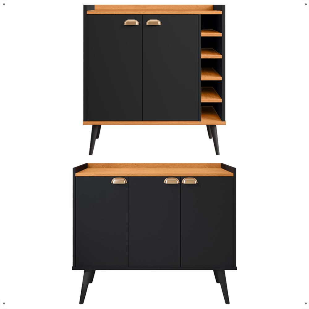 Kit Aparador Truzzi 3 Portas Cantinho Café Buffet Madero Adega Barzinho Retrô Decoração Sala Preto/Cinamomo - Lojas RPM
