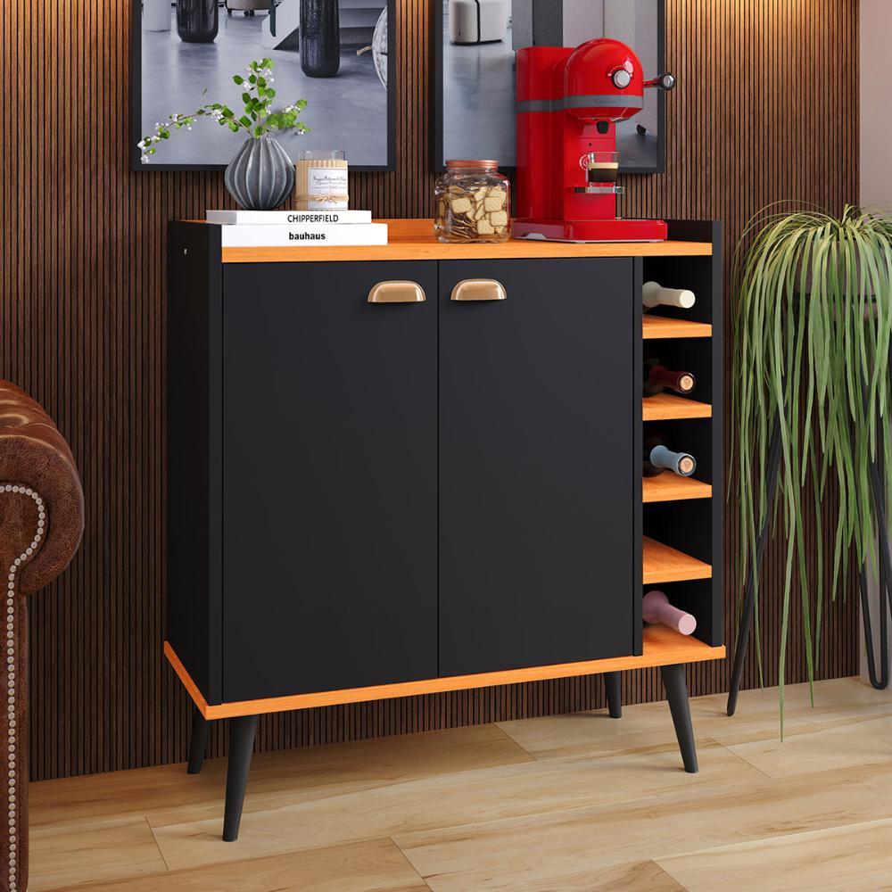 Kit Aparador Truzzi 3 Portas Cantinho Café Buffet Madero Adega Barzinho Retrô Decoração Sala Preto/Cinamomo - Lojas RPM