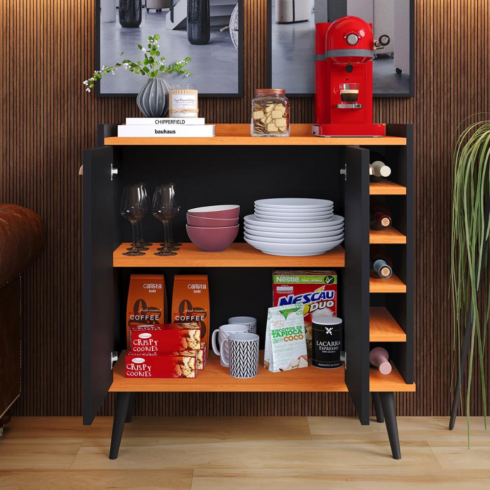 Kit Aparador Truzzi 3 Portas Cantinho Café Buffet Madero Adega Barzinho Retrô Decoração Sala Preto/Cinamomo - Lojas RPM