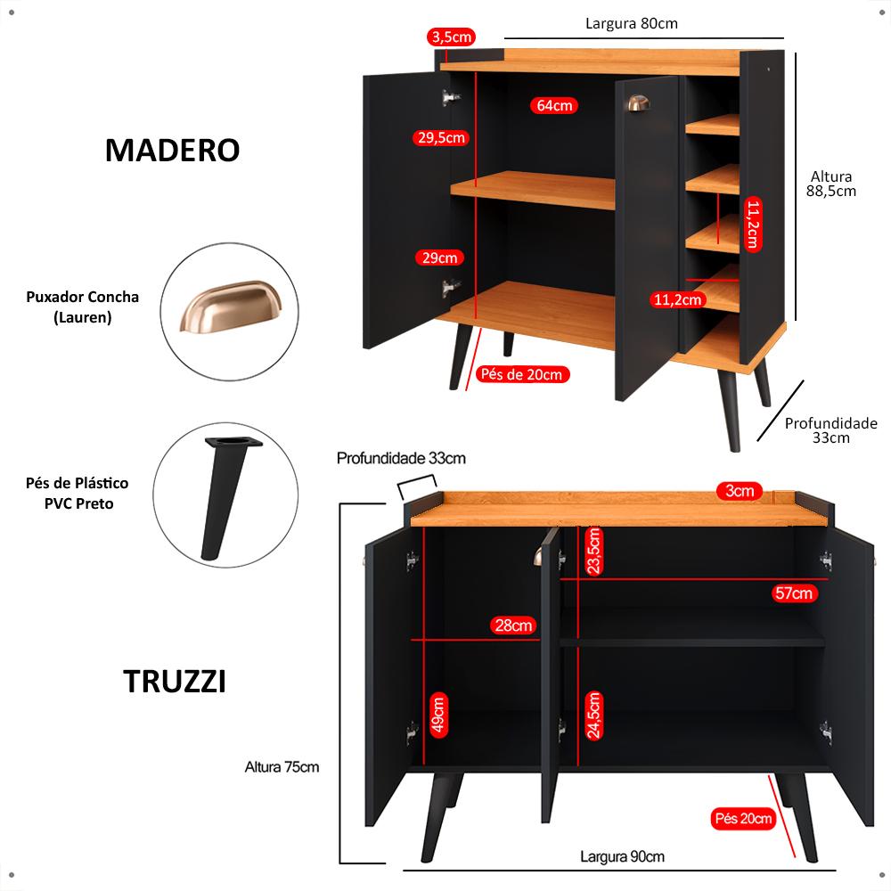Kit Aparador Truzzi 3 Portas Cantinho Café Buffet Madero Adega Barzinho Retrô Decoração Sala Preto/Cinamomo - Lojas RPM