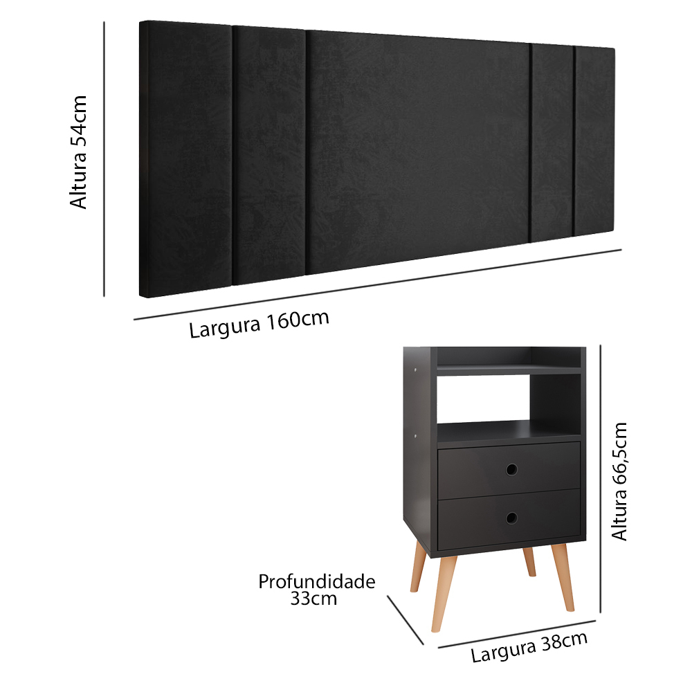 Kit Cabeceira Estofada Box Casal Queen 1,60 Luana com 2 Mesinhas Canto Cama Dream Preto - Lojas RPM