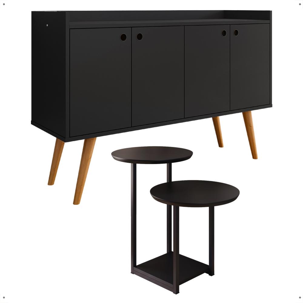 Kit Casa Aparador Buffet Dallas Cantinho Café Mesa Apoio Lateral Luiza Pés Ferro Decoração Sala Estar Preto - Lojas RPM