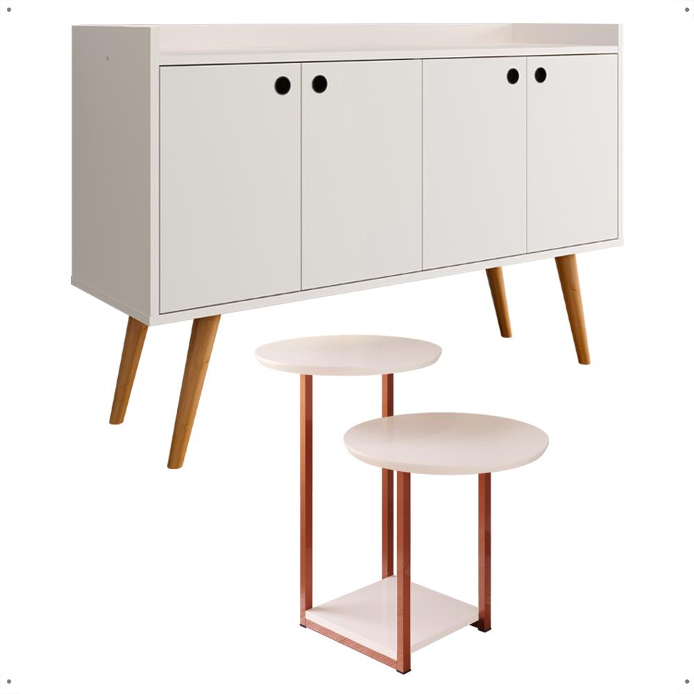 Kit Casa Aparador Buffet Dallas Off White Cantinho Café Mesa Apoio Lateral Luiza Pés Ferro Rose Decoração Sala Estar - Lojas RPM