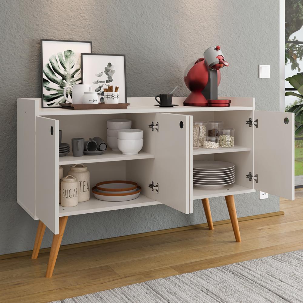 Kit Casa Aparador Buffet Dallas Off White Cantinho Café Mesa Apoio Lateral Luiza Pés Ferro Rose Decoração Sala Estar - Lojas RPM