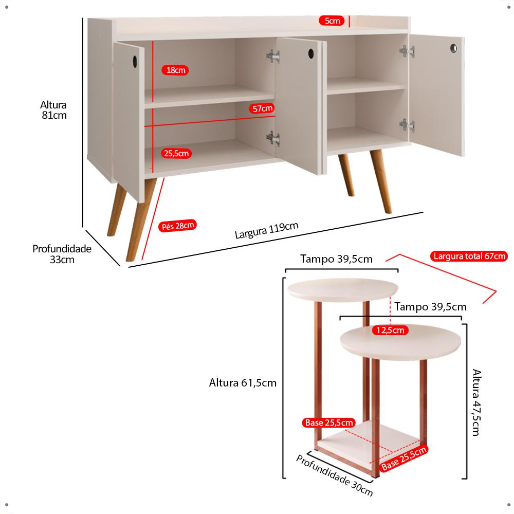 Kit Casa Aparador Buffet Dallas Off White Cantinho Café Mesa Apoio Lateral Luiza Pés Ferro Rose Decoração Sala Estar - Lojas RPM