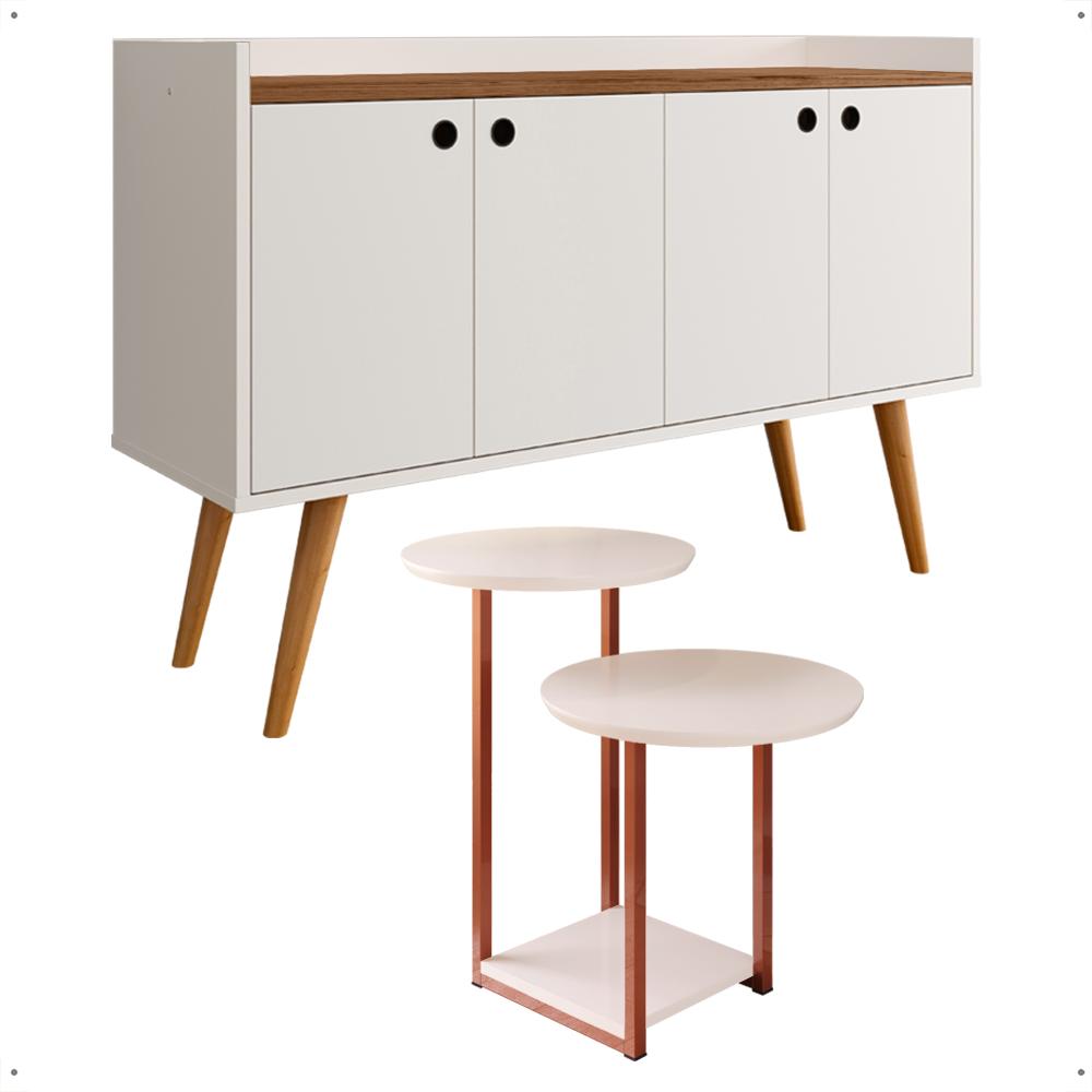 Kit Casa Aparador Buffet Dallas Off White/Freijó Cantinho Café Mesa Apoio Lateral Luiza Pés Ferro Rose Decoração Sala Estar - Lojas RPM