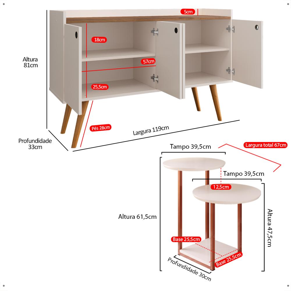 Kit Casa Aparador Buffet Dallas Off White/Freijó Cantinho Café Mesa Apoio Lateral Luiza Pés Ferro Rose Decoração Sala Estar - Lojas RPM
