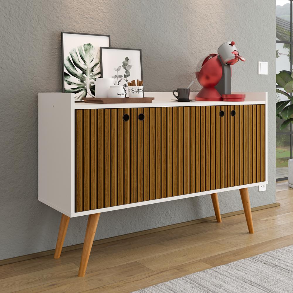 Kit Casa Aparador Buffet Dallas Off White/Ripado Cantinho Café Mesa Apoio Lateral Luiza Pés Ferro Rose Decoração Sala Estar - Lojas RPM