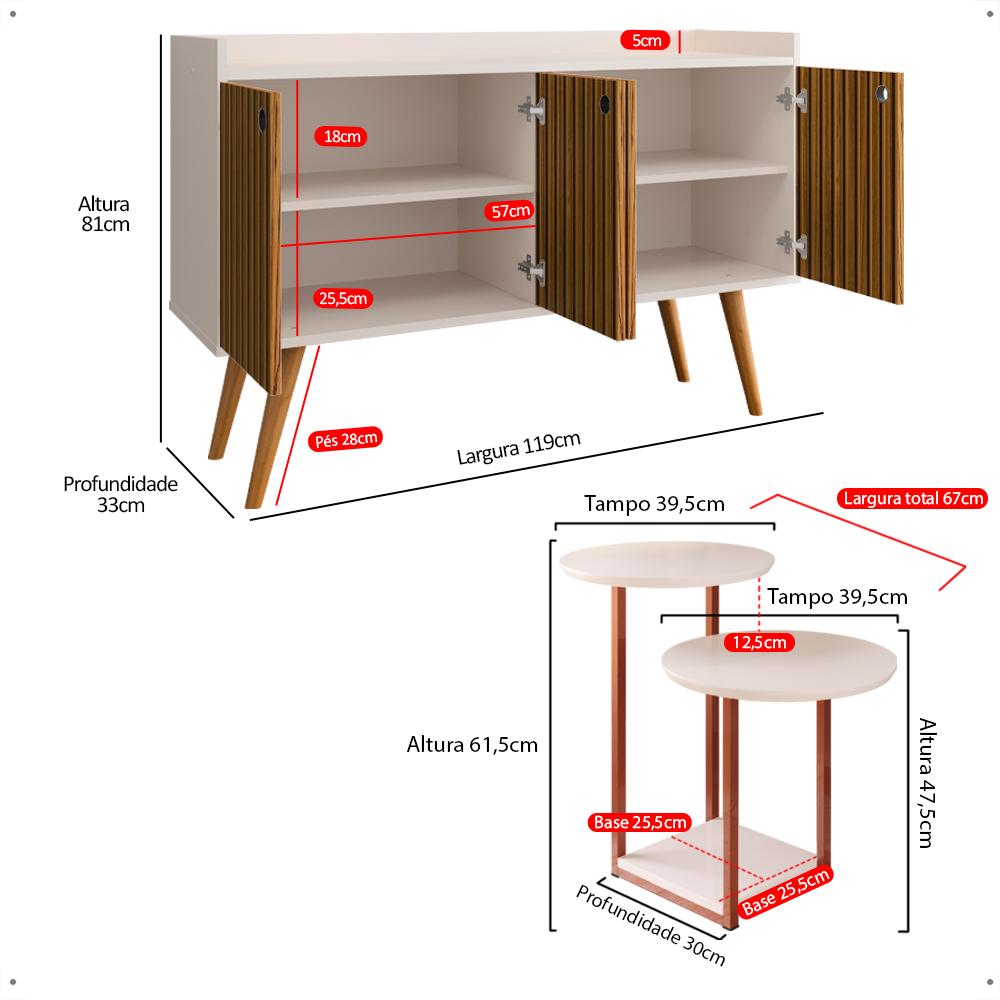 Kit Casa Aparador Buffet Dallas Off White/Ripado Cantinho Café Mesa Apoio Lateral Luiza Pés Ferro Rose Decoração Sala Estar - Lojas RPM
