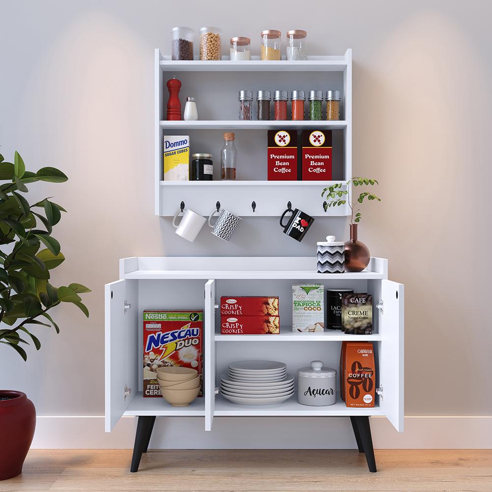 Kit Casa Completa Aparador Buffet 3 Portas Pés Palito Wood New Armário Suspenso Prateleiras Ganchos Organizadores Amélia - Branco - RPM Móveis