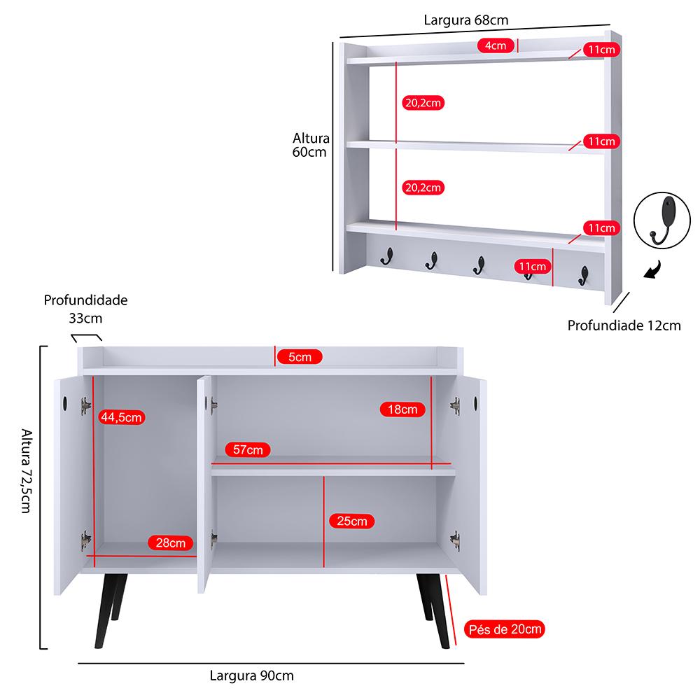 Kit Casa Completa Aparador Buffet 3 Portas Pés Palito Wood New Armário Suspenso Prateleiras Ganchos Organizadores Amélia - Branco - RPM Móveis