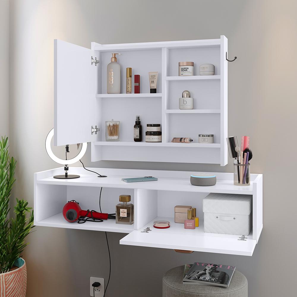 Kit Espelheira Genova Prateleira Porta Itens Banheiro Rack Suspenso Classic Puxador Concha Multiuso Sala Quarto Branco - Lojas RPM