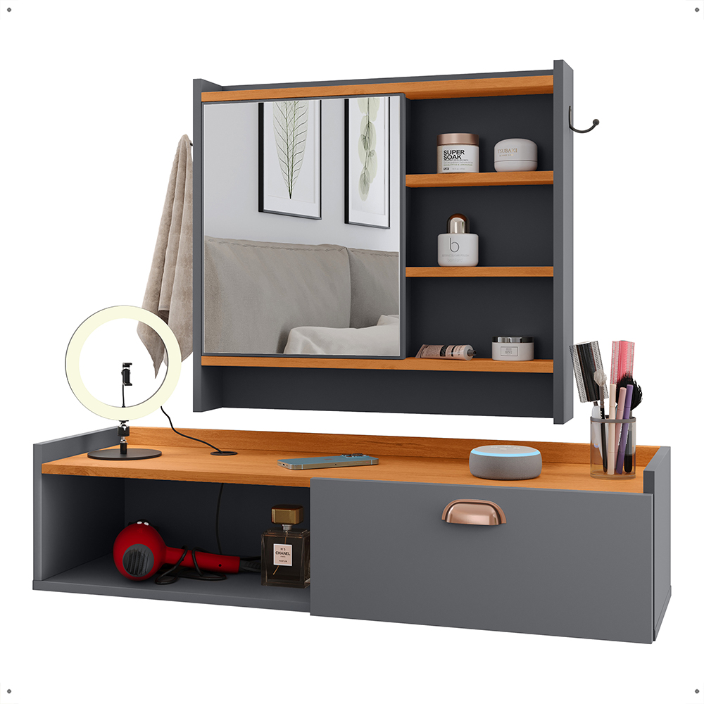 Kit Espelheira Genova Prateleira Porta Itens Banheiro Rack Suspenso Classic Puxador Concha Multiuso Sala Quarto Cinza/Cinamomo - Lojas RPM