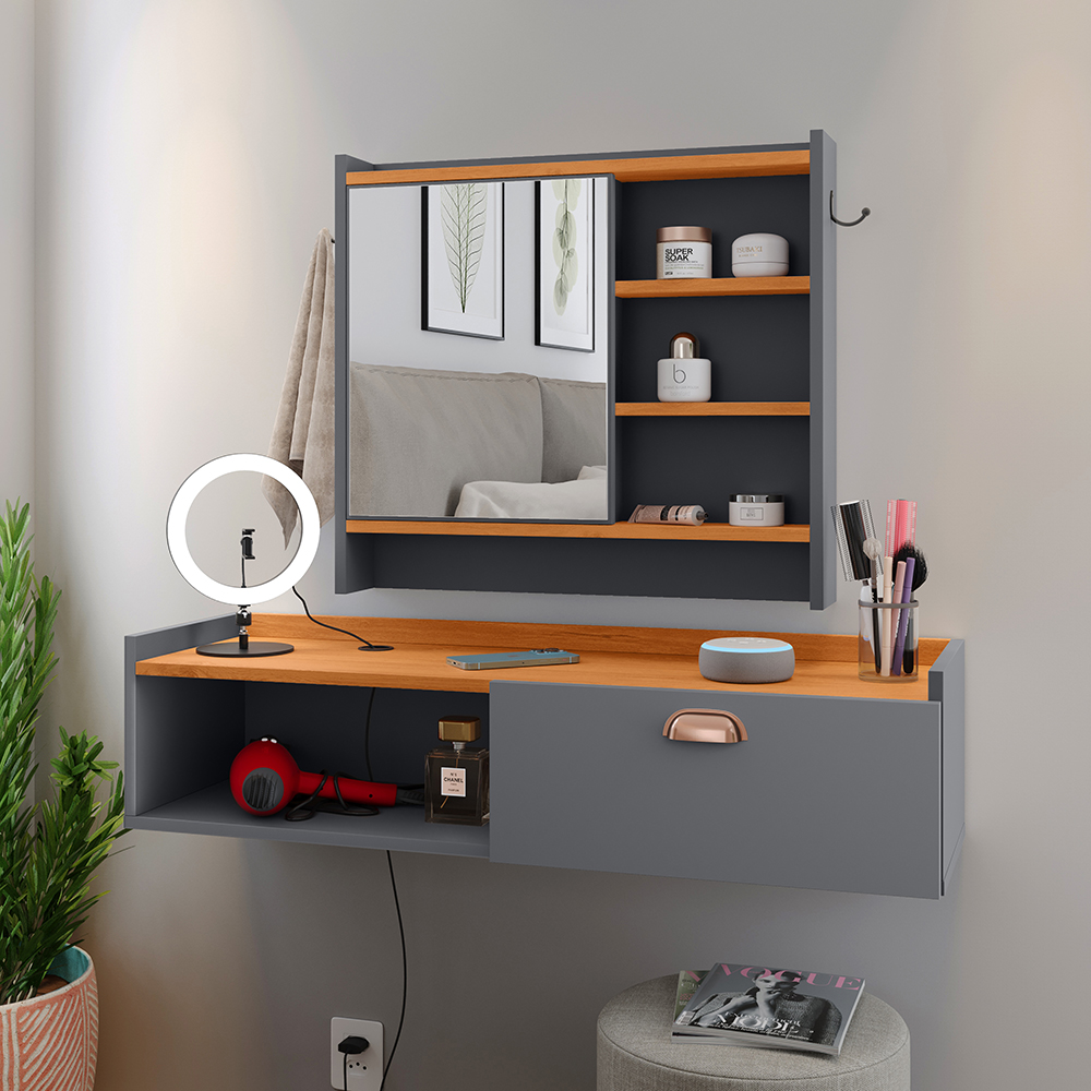 Kit Espelheira Genova Prateleira Porta Itens Banheiro Rack Suspenso Classic Puxador Concha Multiuso Sala Quarto Cinza/Cinamomo - Lojas RPM