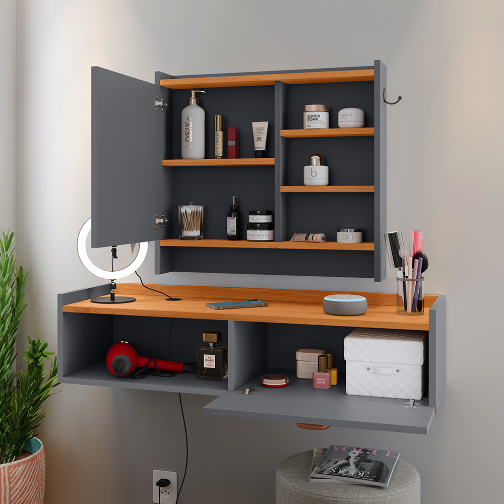 Kit Espelheira Genova Prateleira Porta Itens Banheiro Rack Suspenso Classic Puxador Concha Multiuso Sala Quarto Cinza/Cinamomo - Lojas RPM