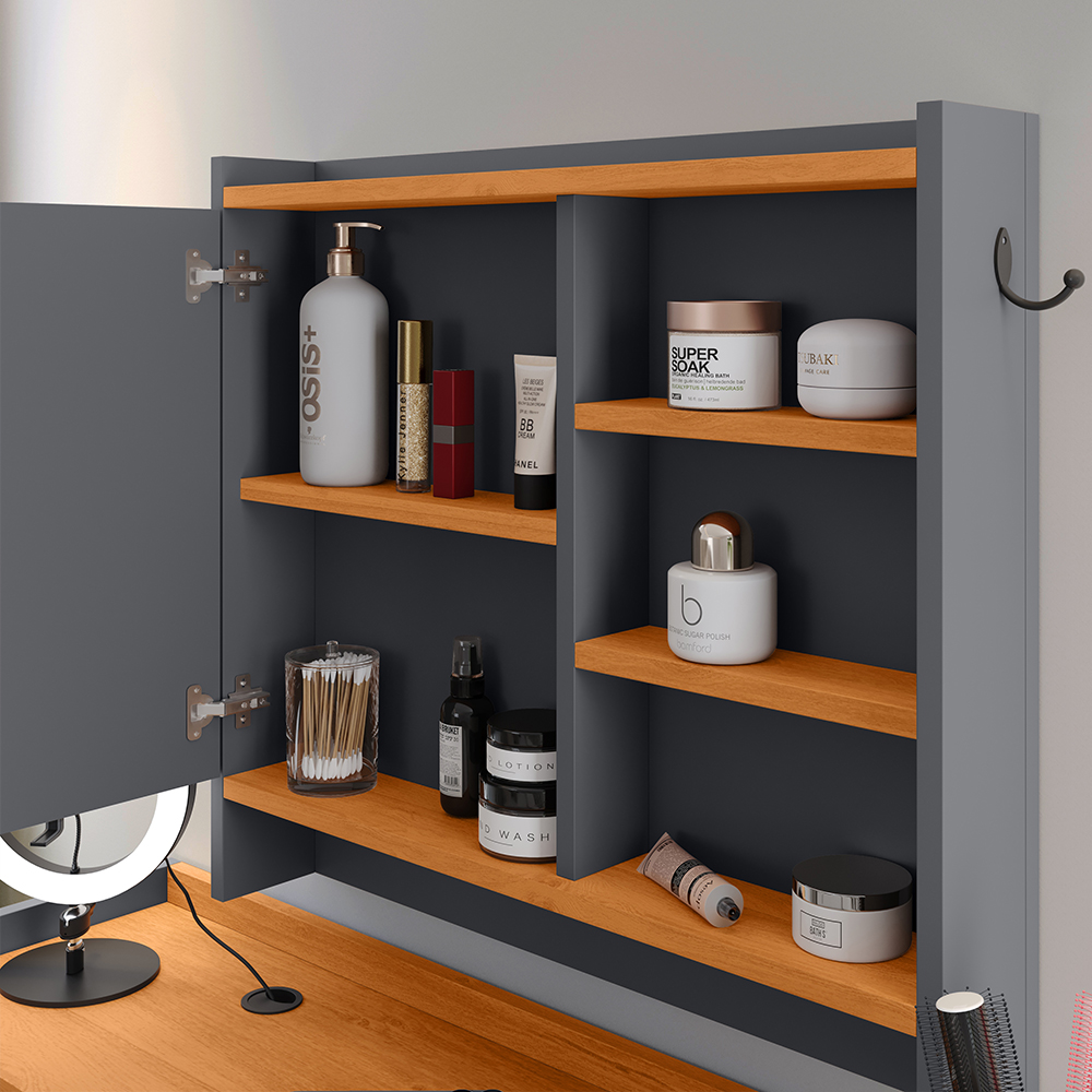 Kit Espelheira Genova Prateleira Porta Itens Banheiro Rack Suspenso Classic Puxador Concha Multiuso Sala Quarto Cinza/Cinamomo - Lojas RPM