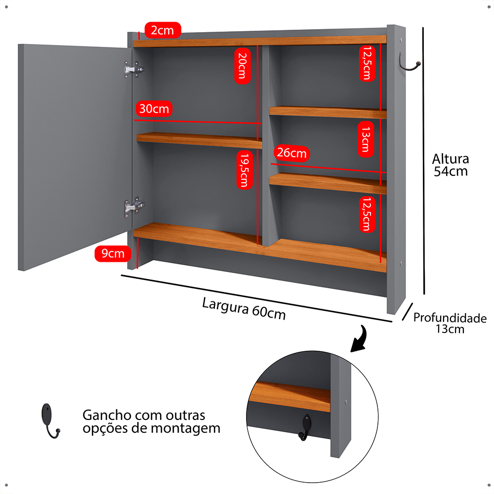 Kit Espelheira Genova Prateleira Porta Itens Banheiro Rack Suspenso Classic Puxador Concha Multiuso Sala Quarto Cinza/Cinamomo - Lojas RPM