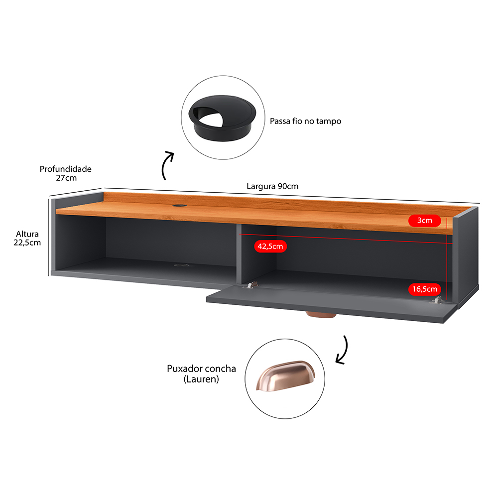 Kit Espelheira Genova Prateleira Porta Itens Banheiro Rack Suspenso Classic Puxador Concha Multiuso Sala Quarto Cinza/Cinamomo - Lojas RPM