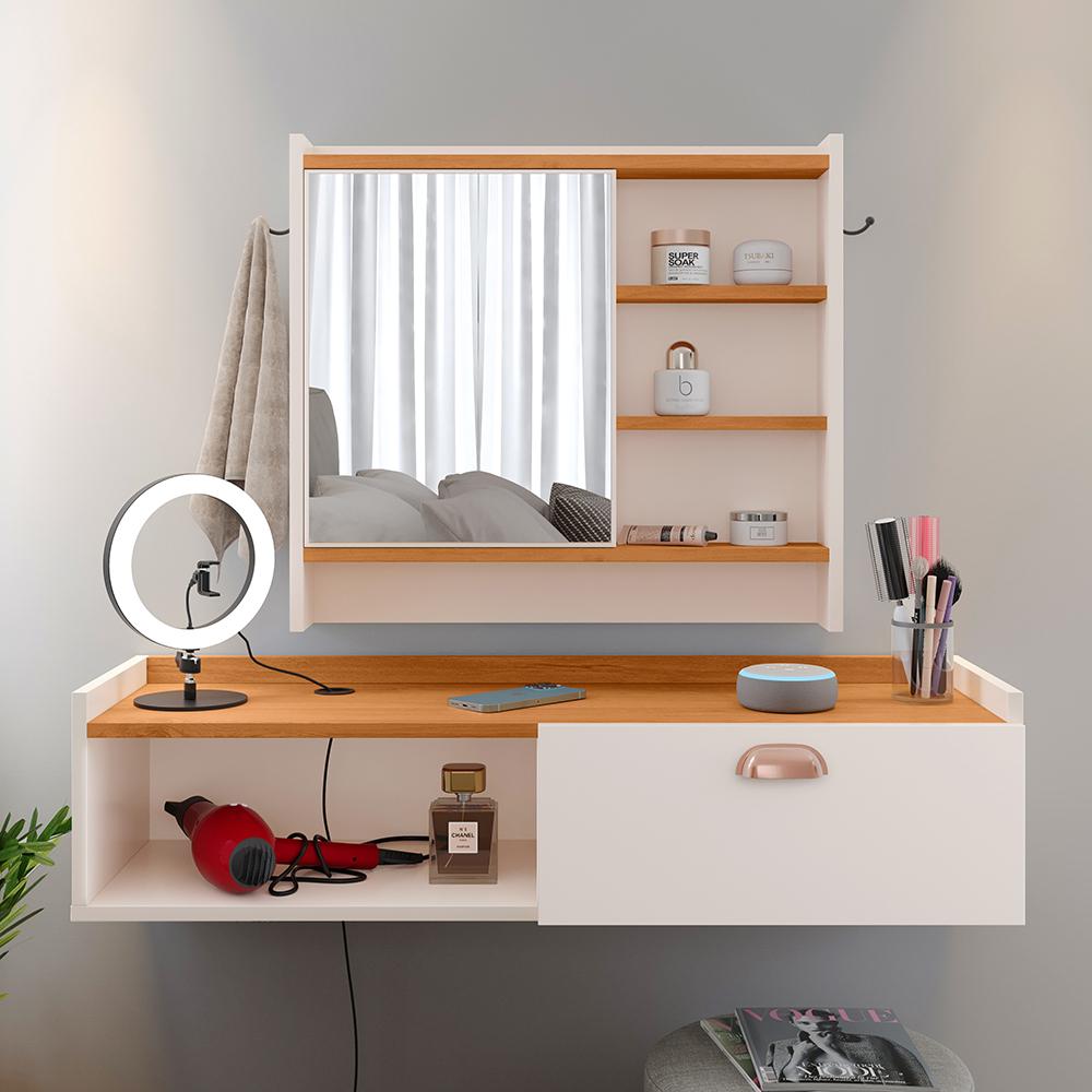 Kit Espelheira Genova Prateleira Porta Itens Banheiro Rack Suspenso Classic Puxador Concha Multiuso Sala Quarto Off White/Cinamomo - Lojas RPM