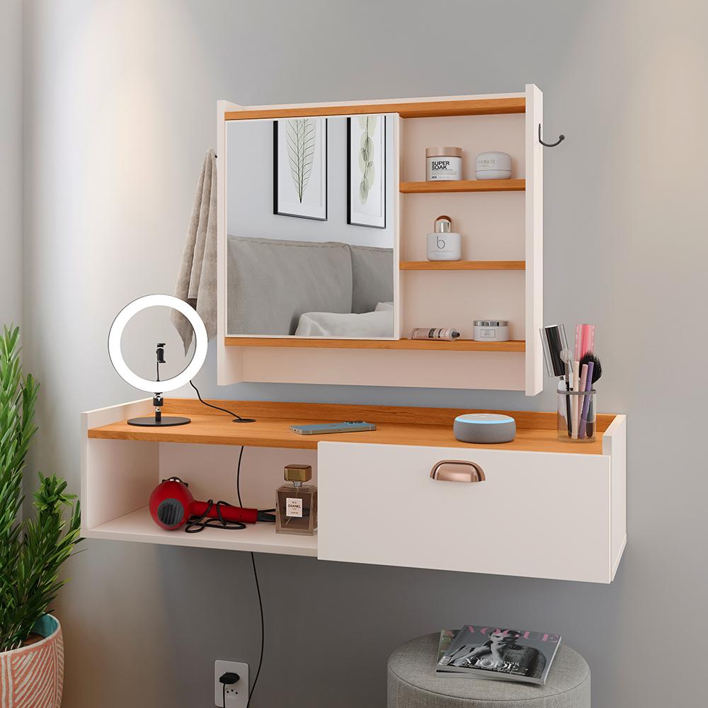 Kit Espelheira Genova Prateleira Porta Itens Banheiro Rack Suspenso Classic Puxador Concha Multiuso Sala Quarto Off White/Cinamomo - Lojas RPM