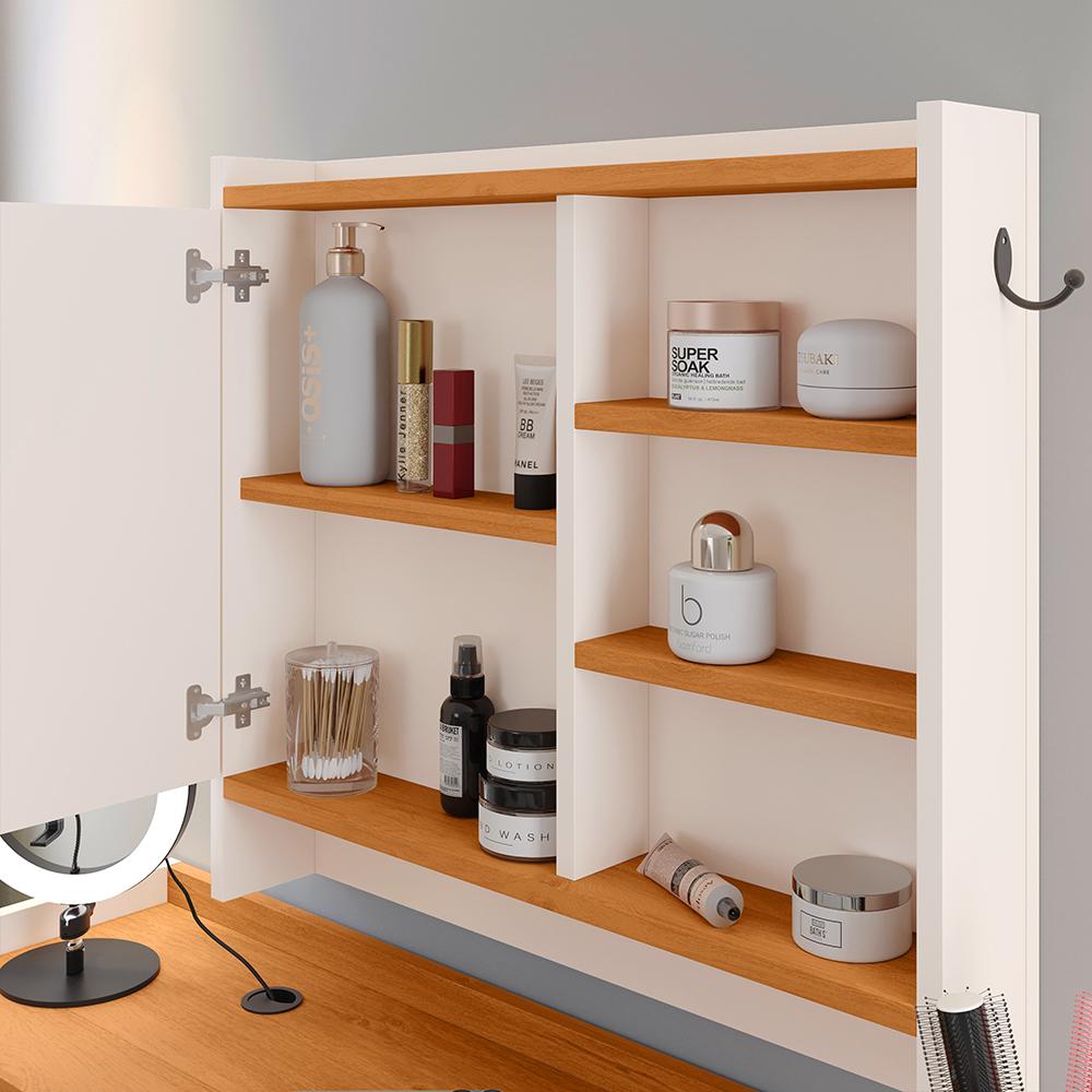 Kit Espelheira Genova Prateleira Porta Itens Banheiro Rack Suspenso Classic Puxador Concha Multiuso Sala Quarto Off White/Cinamomo - Lojas RPM