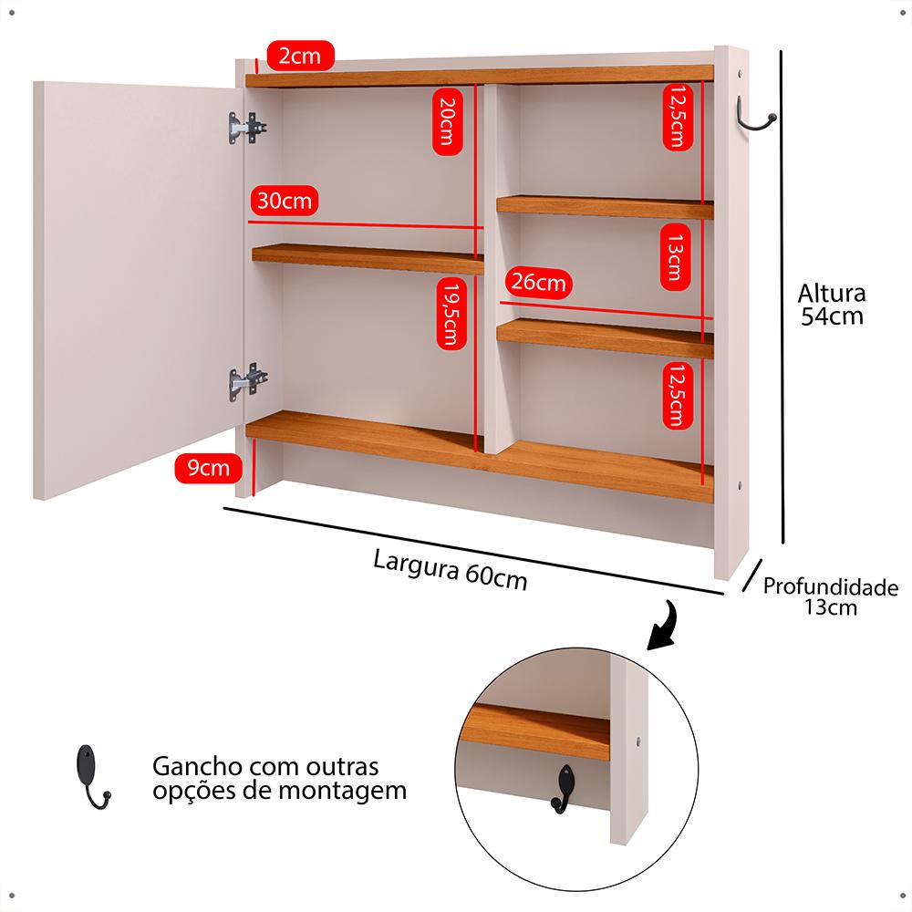 Kit Espelheira Genova Prateleira Porta Itens Banheiro Rack Suspenso Classic Puxador Concha Multiuso Sala Quarto Off White/Cinamomo - Lojas RPM