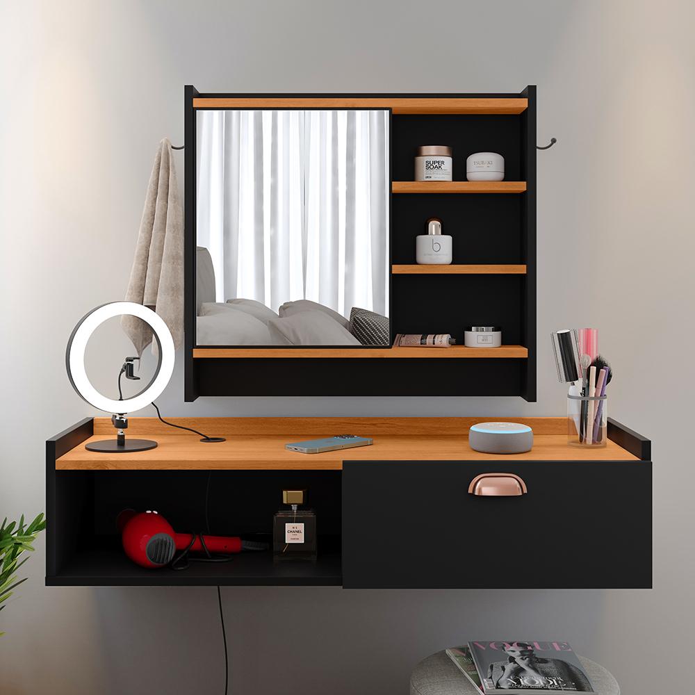 Kit Espelheira Genova Prateleira Porta Itens Banheiro Rack Suspenso Classic Puxador Concha Multiuso Sala Quarto Preto/Cinamomo - Lojas RPM