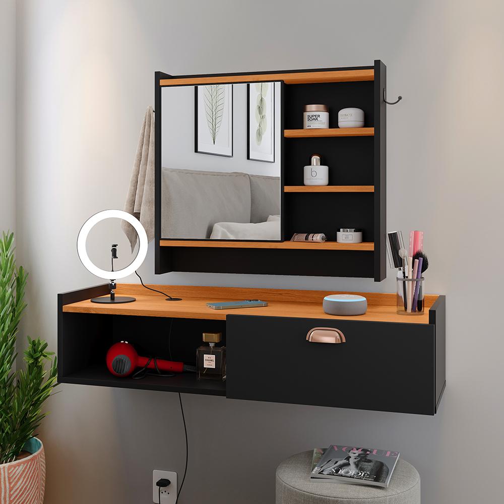 Kit Espelheira Genova Prateleira Porta Itens Banheiro Rack Suspenso Classic Puxador Concha Multiuso Sala Quarto Preto/Cinamomo - Lojas RPM