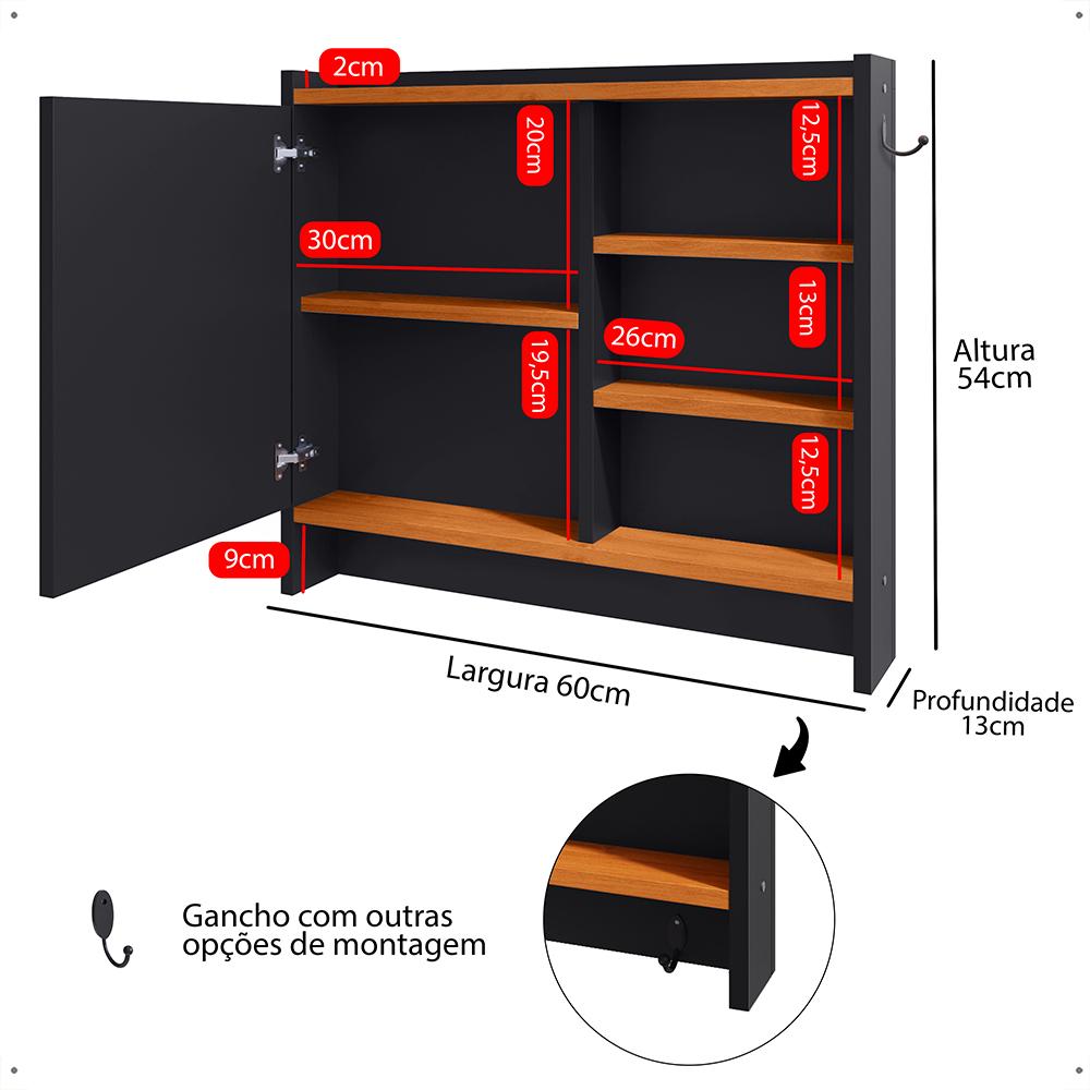 Kit Espelheira Genova Prateleira Porta Itens Banheiro Rack Suspenso Classic Puxador Concha Multiuso Sala Quarto Preto/Cinamomo - Lojas RPM