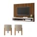 Kit Estante Painel Cissa Ripado Freijó/Off White TV 50 Polegadas Nicho e 2 Puff Banquinho Estofado Redondo Pés Madeira Thor Bege Linho Sala Quarto