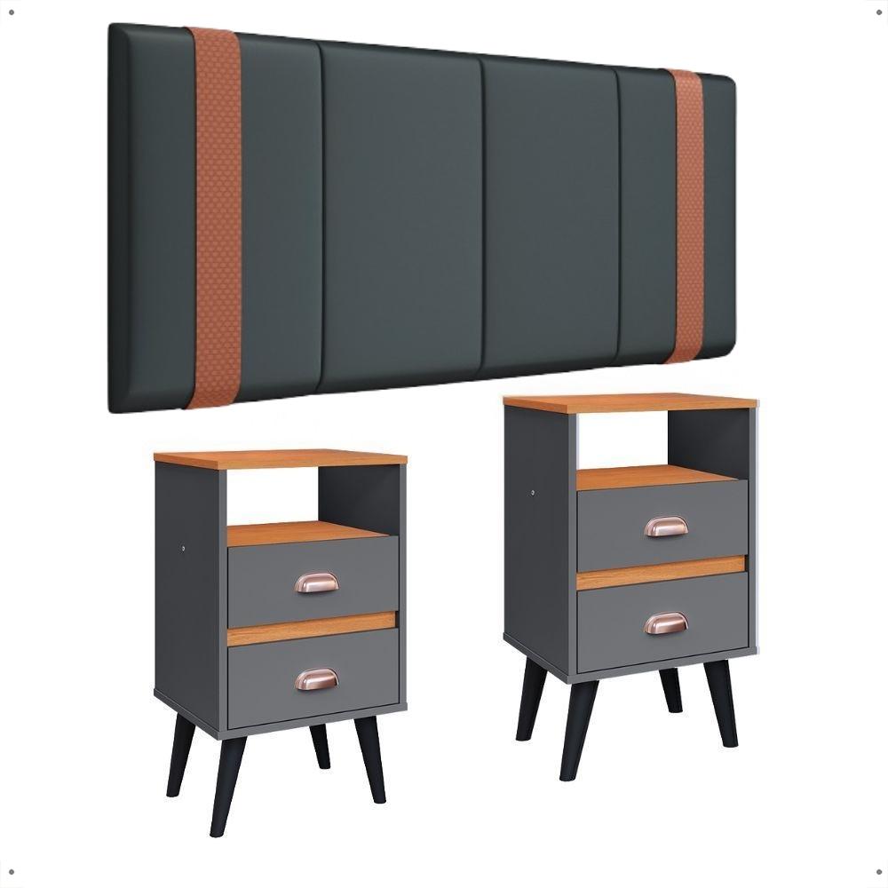 Kit Mesa Cabeceira Classic Gavetas Organizadoras Retrô Cinza/Cinamomo Painel Suspenso Estofado Cama Box Queen Size 1,60 Suede - Lojas RPM