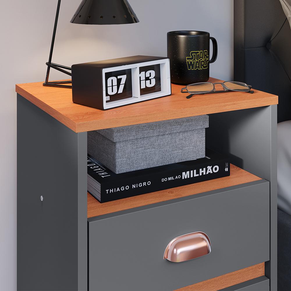 Kit Mesa Cabeceira Classic Gavetas Organizadoras Retrô Cinza/Cinamomo Painel Suspenso Estofado Cama Box Queen Size 1,60 Suede - Lojas RPM