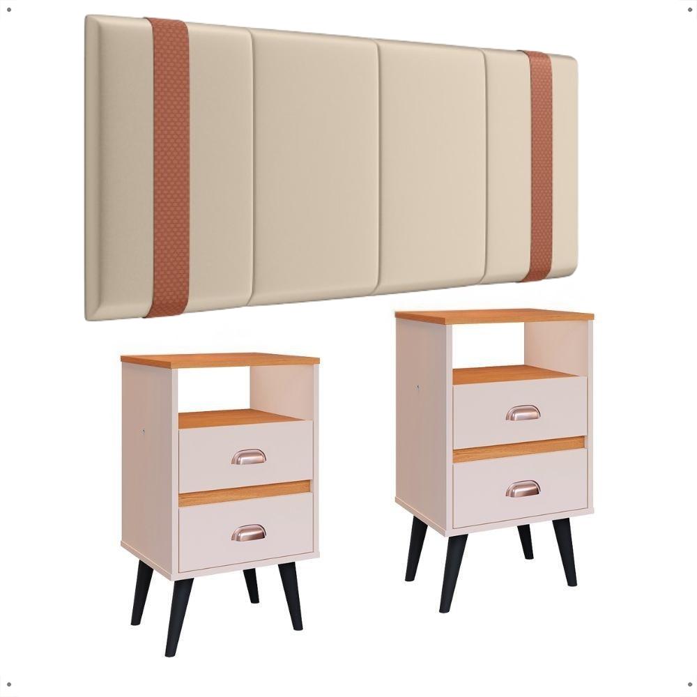 Kit Mesa Cabeceira Classic Gavetas Organizadoras Retrô Off White/Cinamomo Painel Suspenso Estofado Cama Box Queen Size 1,60 Bege Suede - Lojas RPM