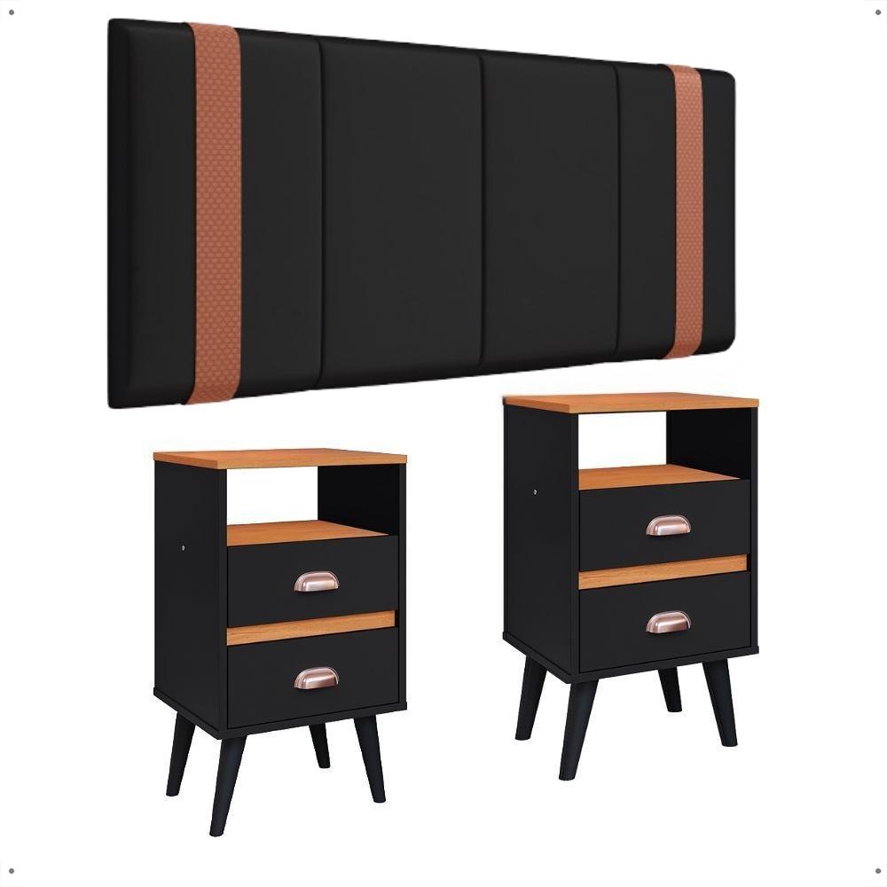 Kit Mesa Cabeceira Classic Gavetas Organizadoras Retrô Preto/Cinamomo Painel Suspenso Estofado Cama Box Queen Size 1,60 Suede - Lojas RPM