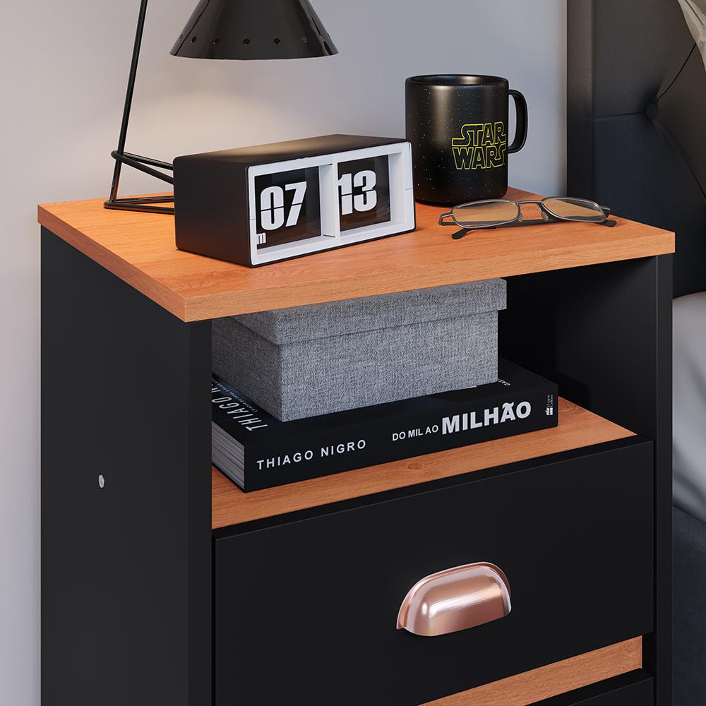 Kit Mesa Cabeceira Classic Gavetas Organizadoras Retrô Preto/Cinamomo Painel Suspenso Estofado Cama Box Queen Size 1,60 Suede - Lojas RPM