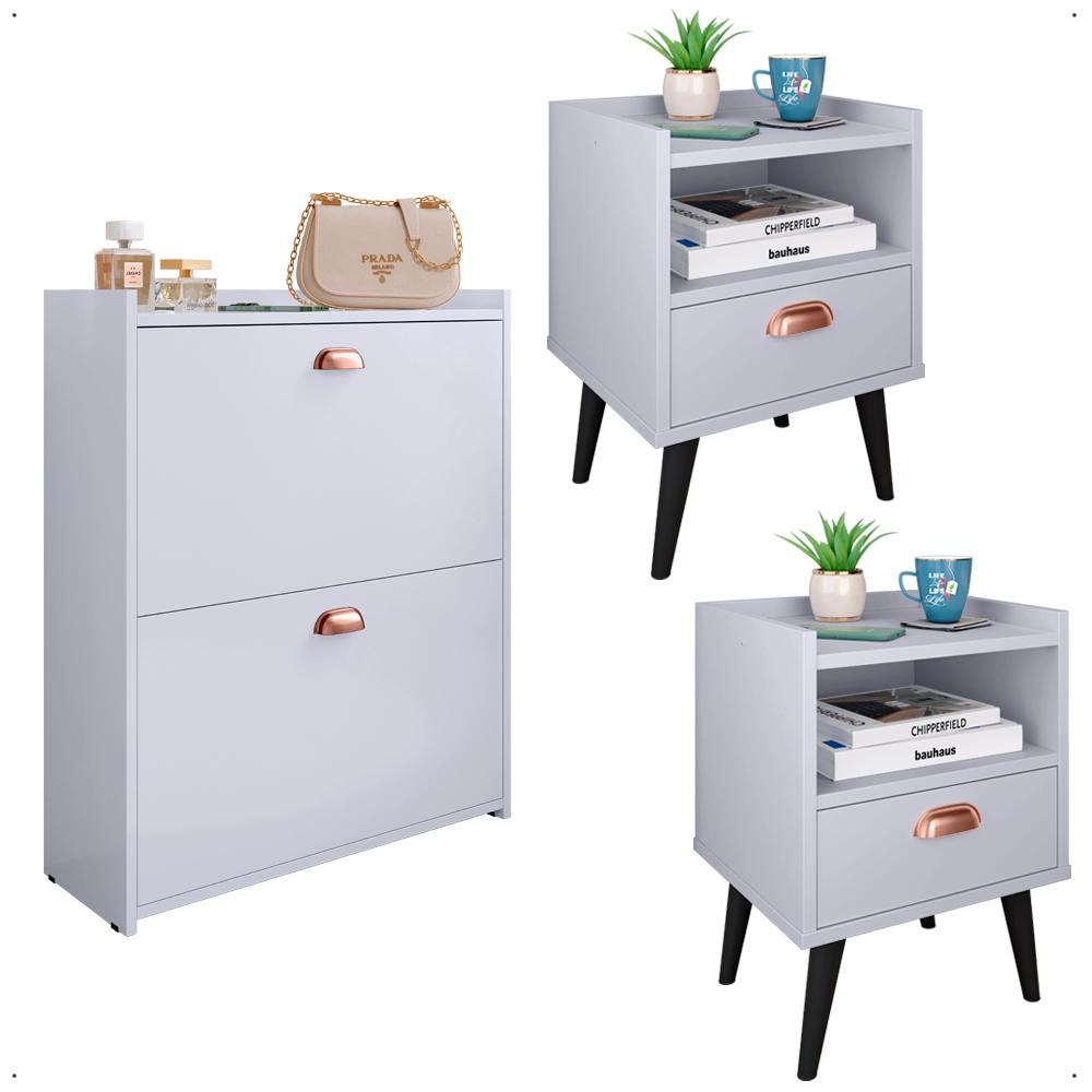 Kit Quarto 2 Mesas Cabeceira Estilo Pés Palito Retrô Sapateira Closet Puxador Concha Gavetas Basculante 12 Pares Calçados Branco - Lojas RPM