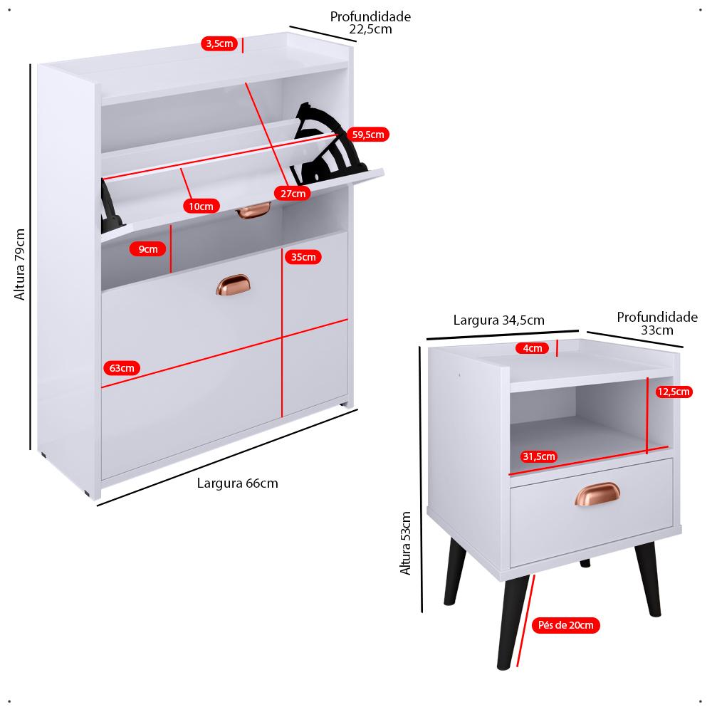Kit Quarto 2 Mesas Cabeceira Estilo Pés Palito Retrô Sapateira Closet Puxador Concha Gavetas Basculante 12 Pares Calçados Branco - Lojas RPM