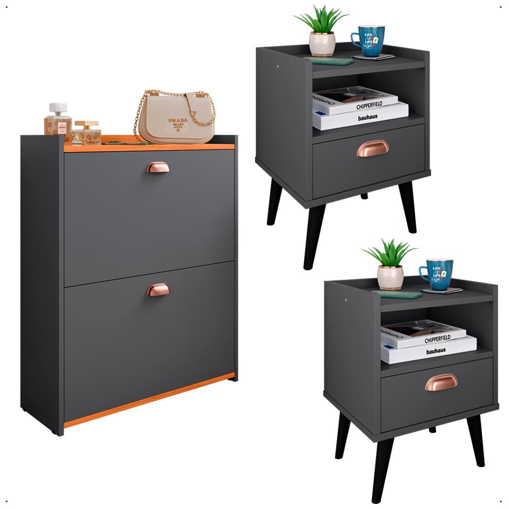 Kit Quarto 2 Mesas Cabeceira Estilo Pés Palito Retrô Sapateira Closet Puxador Concha Gavetas Basculante 12 Pares Calçados Cinza/Cinamomo - Lojas RPM
