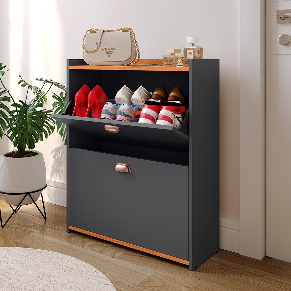 Kit Quarto 2 Mesas Cabeceira Estilo Pés Palito Retrô Sapateira Closet Puxador Concha Gavetas Basculante 12 Pares Calçados Cinza/Cinamomo - Lojas RPM